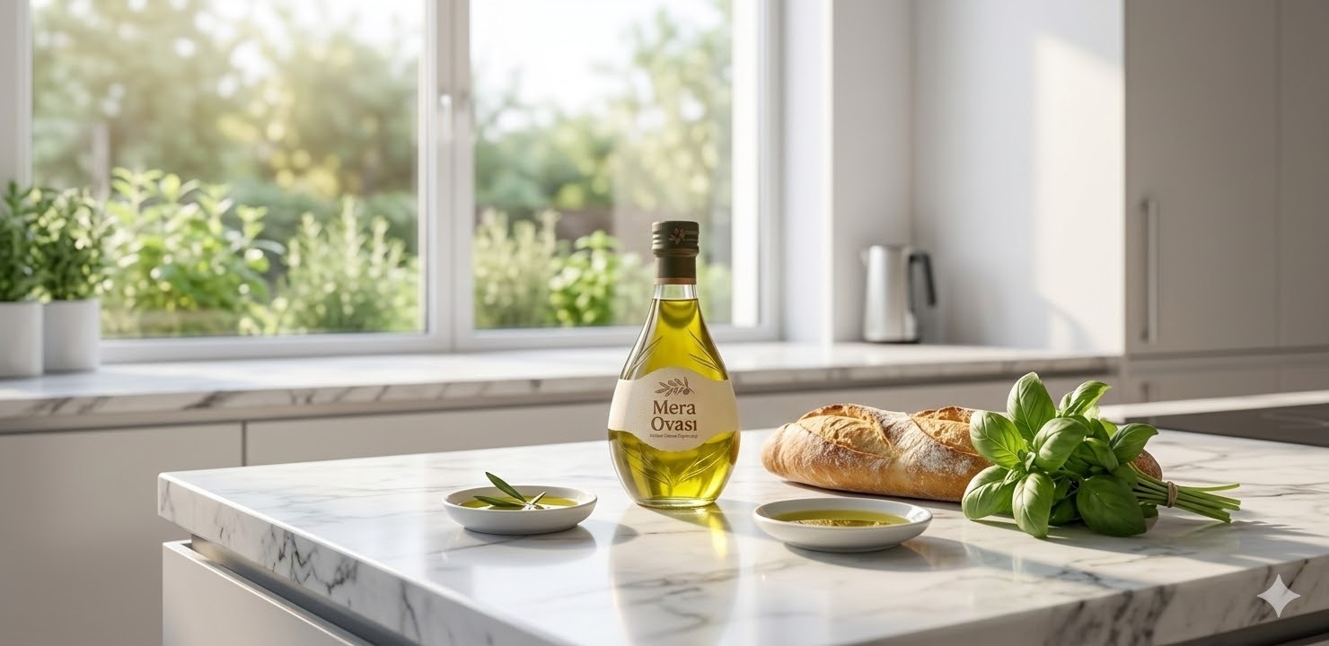 Mera Ovası zeytinyağı mutfakta ekmek ve fesleğenle