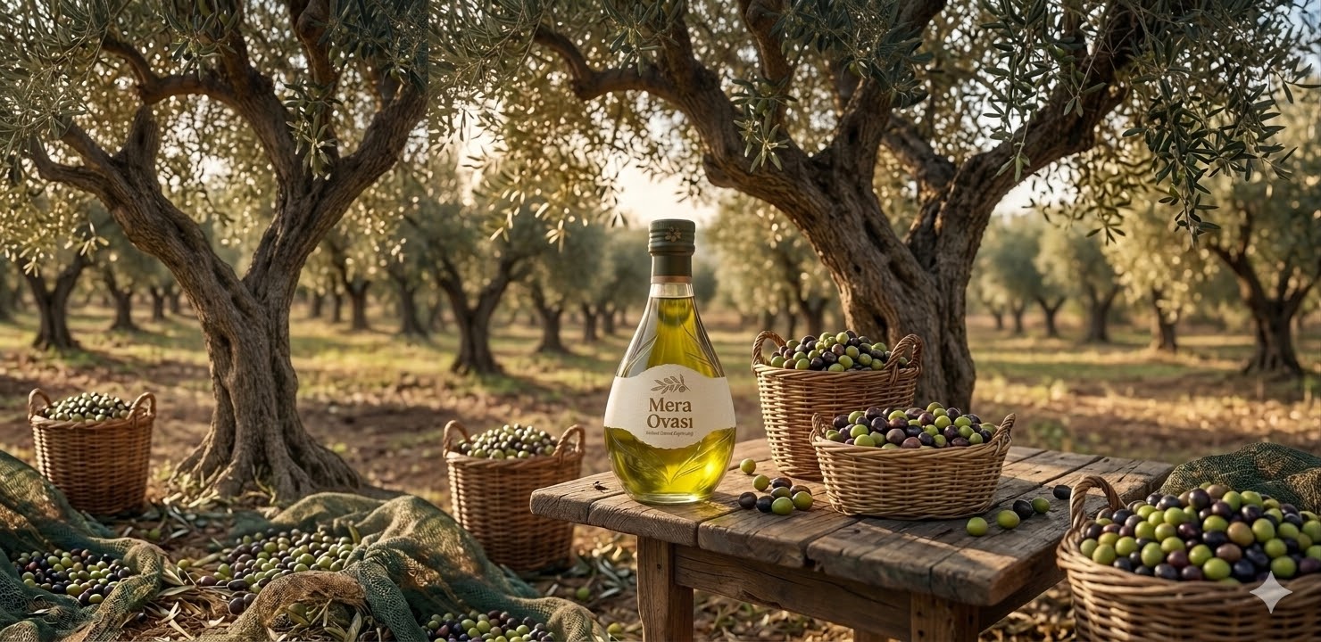 Mera Ovası zeytinyağı şişesi ve hasat edilmiş zeytinler zeytinlikte